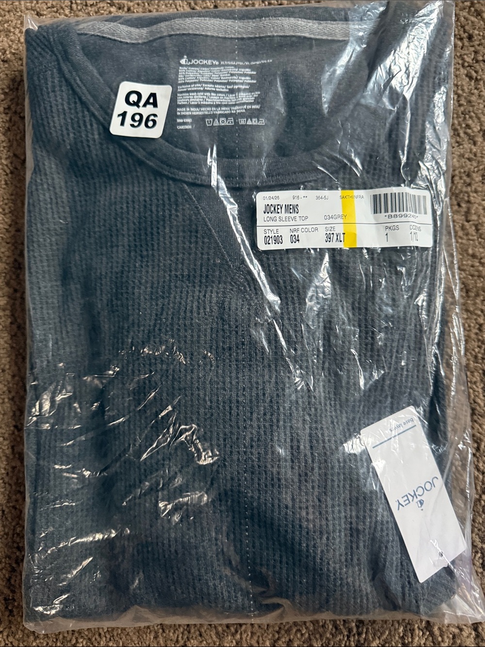 Jockey Men's Waffle Crew Long Sleeve Top - Grey Size XLT. New in Package